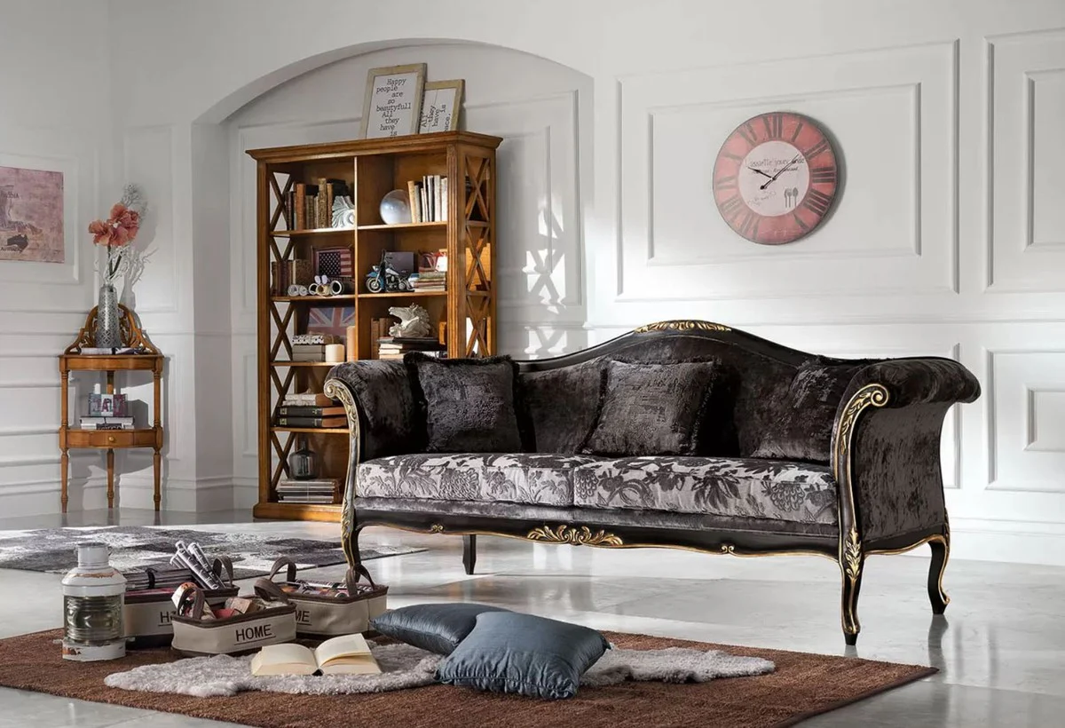 Casa Padrino sof¨¢ barroco de lujo gris / negro / oro - Sof¨¢ de sal¨®n noble con patr¨®n elegante - Muebles Barrocos - Calidad de Lujo - Hecho en Italia