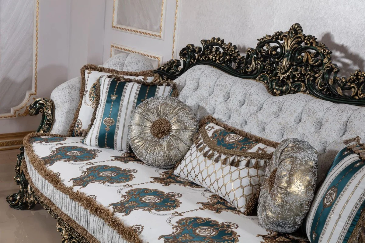 Casa Padrino sof¨¢ barroco de lujo blanco / multicolor / verde / oro - Magn¨ªfico sof¨¢ de sal¨®n con patr¨®n elegante - Muebles de sal¨®n y hotel barrocos - Noble y Magn¨ªfico