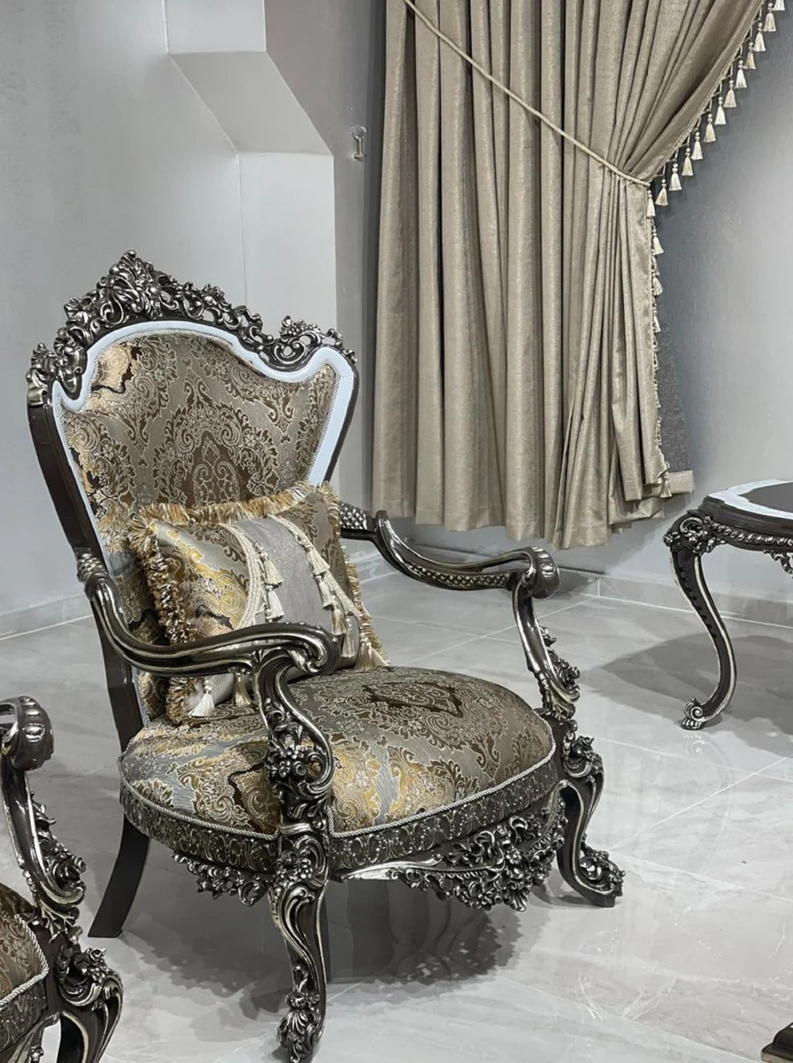 Casa Padrino sill¨®n barroco de lujo plata / oro / blanco / negro / plata - Magn¨ªfico sill¨®n de sal¨®n - Muebles de sal¨®n de estilo barroco - Muebles de lujo de estilo barroco - Mobiliario barroco