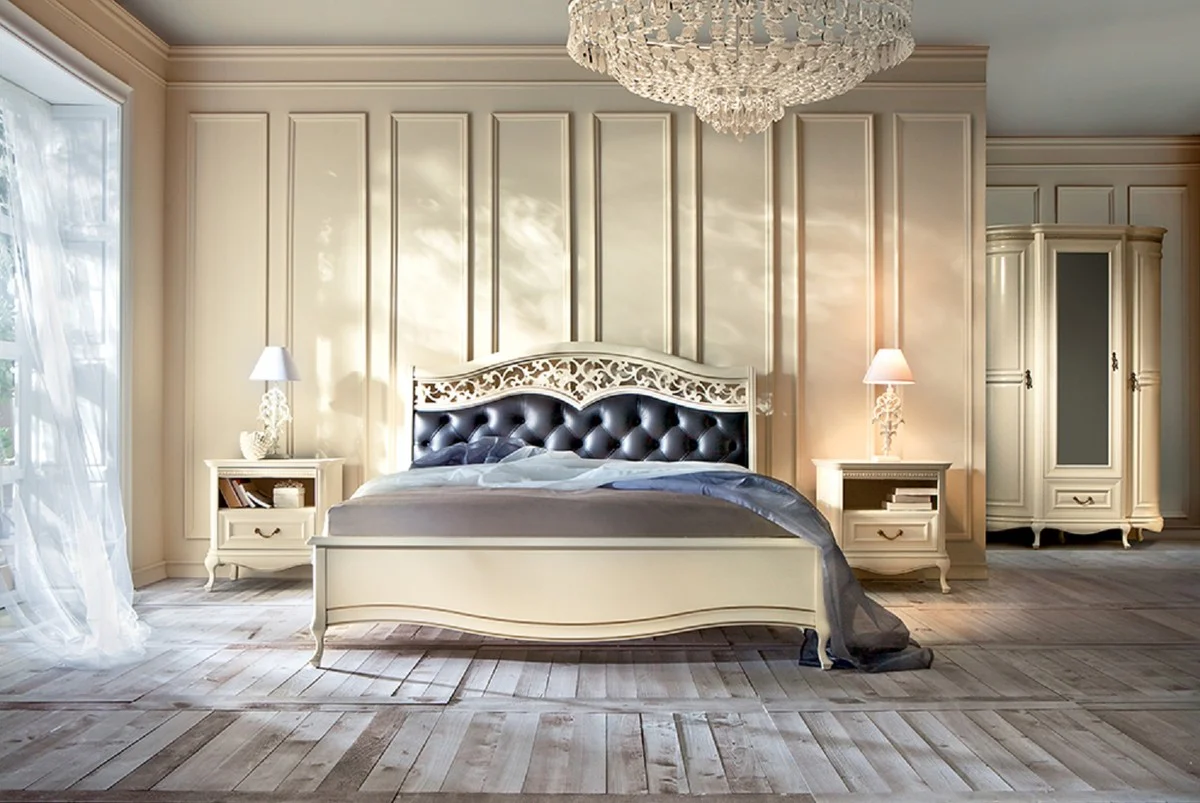 Casa Padrino mesita de noche Art Nouveau de lujo crema 60 x 45,6 x A. 60,8 cm - Mesita de noche elegante de madera maciza con cajón - Muebles de Dormitorio Barroco y Art Nouveau