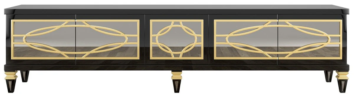 Casa Padrino gabinete TV barroco de lujo negro / oro 213 x 55 x A. 66 cm - Gabinete de televisión magnífico con 5 puertas espejadas - Muebles Barrocos