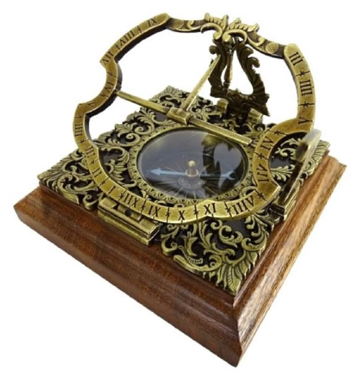 Casa Padrino reloj de sol de estilo antiguo de lujo oro / marrón 10 x 10 x A. 10 cm - Reloj de sol de mesa de latón con base de madera - Accesorios decorativos de estilo antiguo de lujo