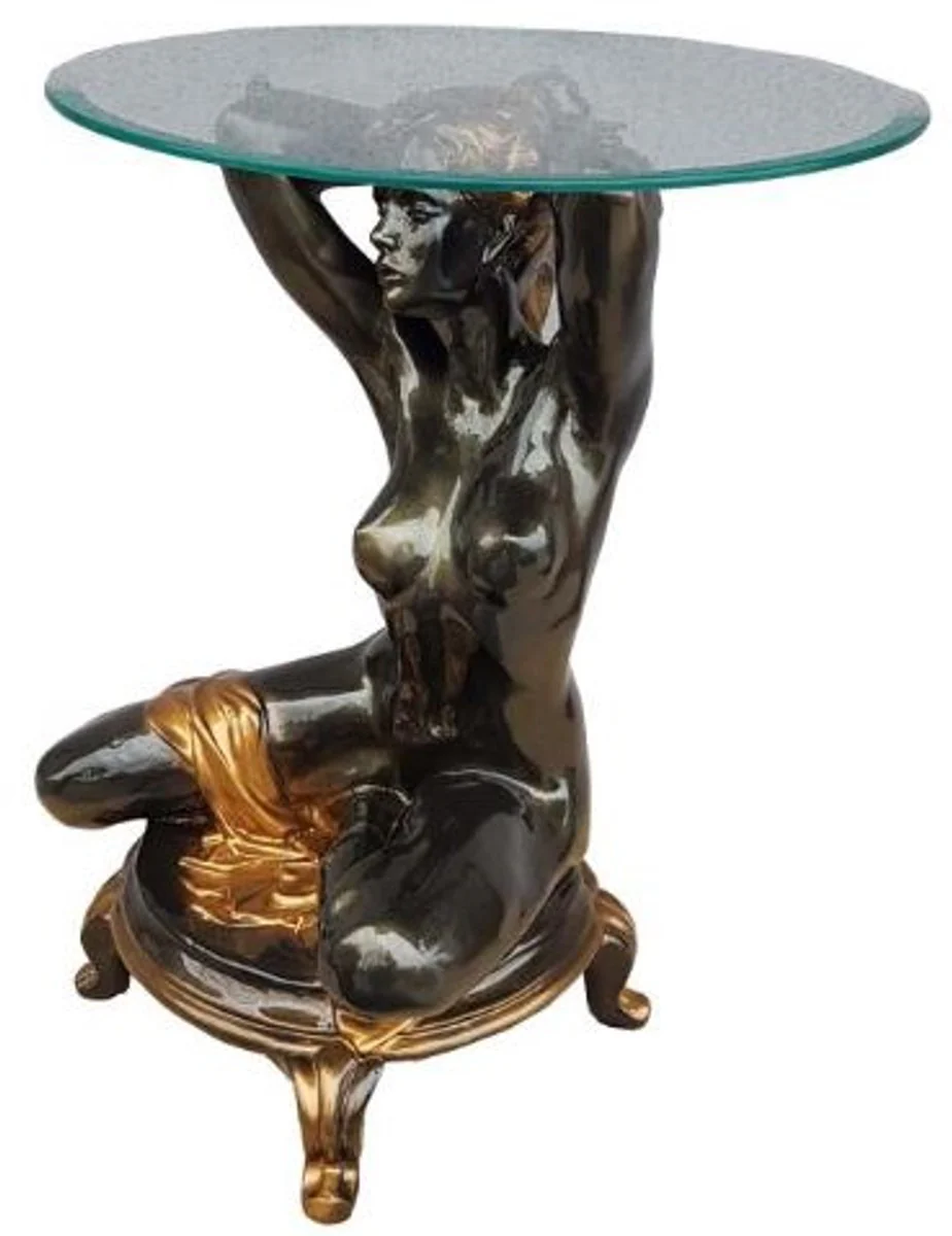Casa Padrino mesa auxiliar Art Nouveau arrodillada mujer negro / oro ? 45 x A. 63,5 cm - Mesa elegante con sobre de vidrio redondo - Muebles de sala