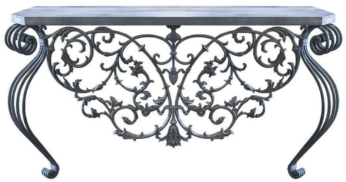 Casa Padrino consola Art Nouveau de lujo gris 150 x 45 x A. 90 cm - Mesa consola de hierro forjado hecha a mano con tablero de metal - Muebles de Jard¨ªn de Patio de Sala de Estar
