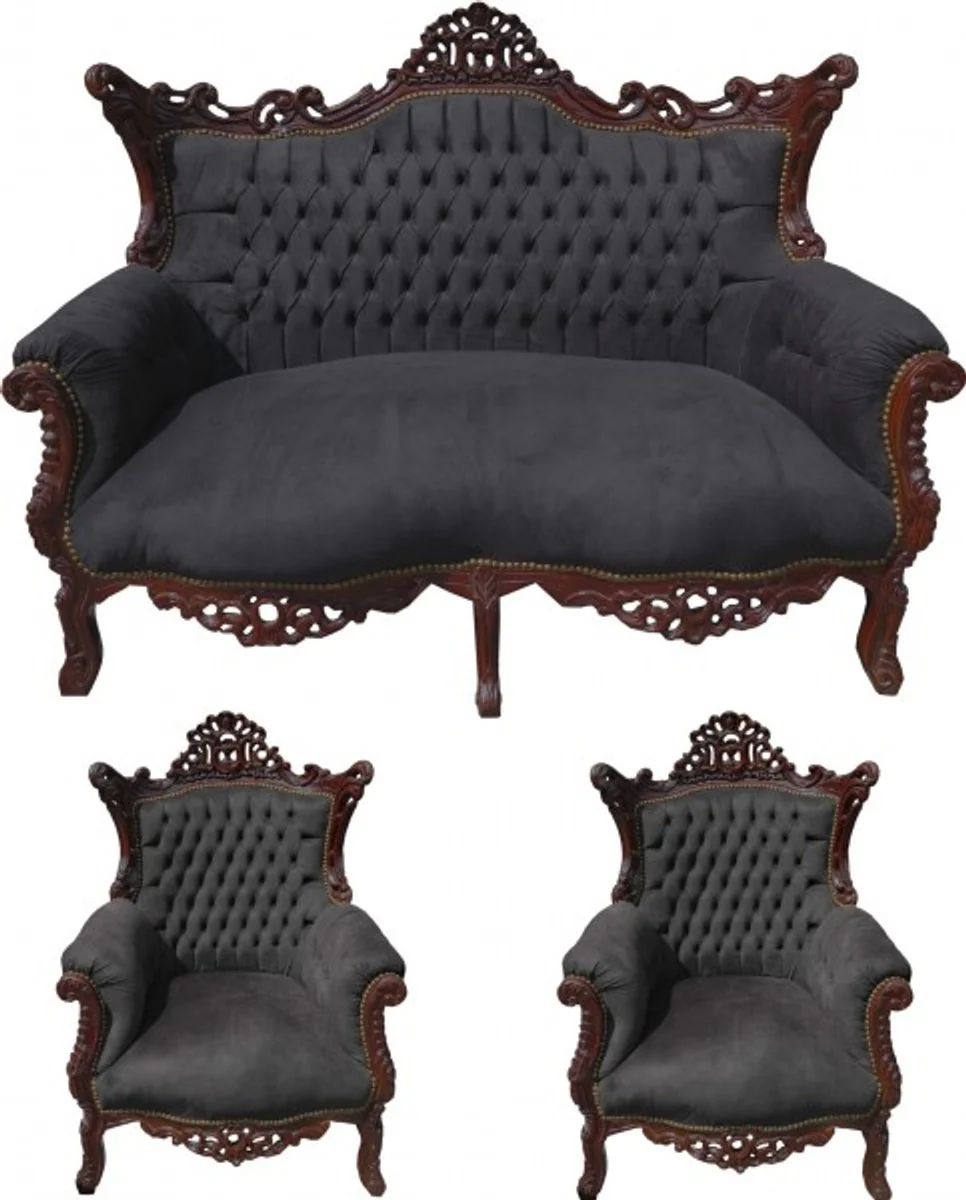 Casa Padrino Baroque Living Set Black / Brown - 2-seater sofa + 2 armchairs - Limited Edition!