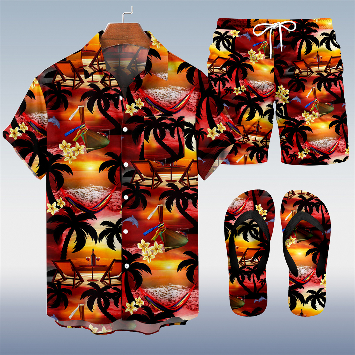 Suitmens Men's Men's Tiki Style Hawaiian Vacation Print Three-Piece Set 035