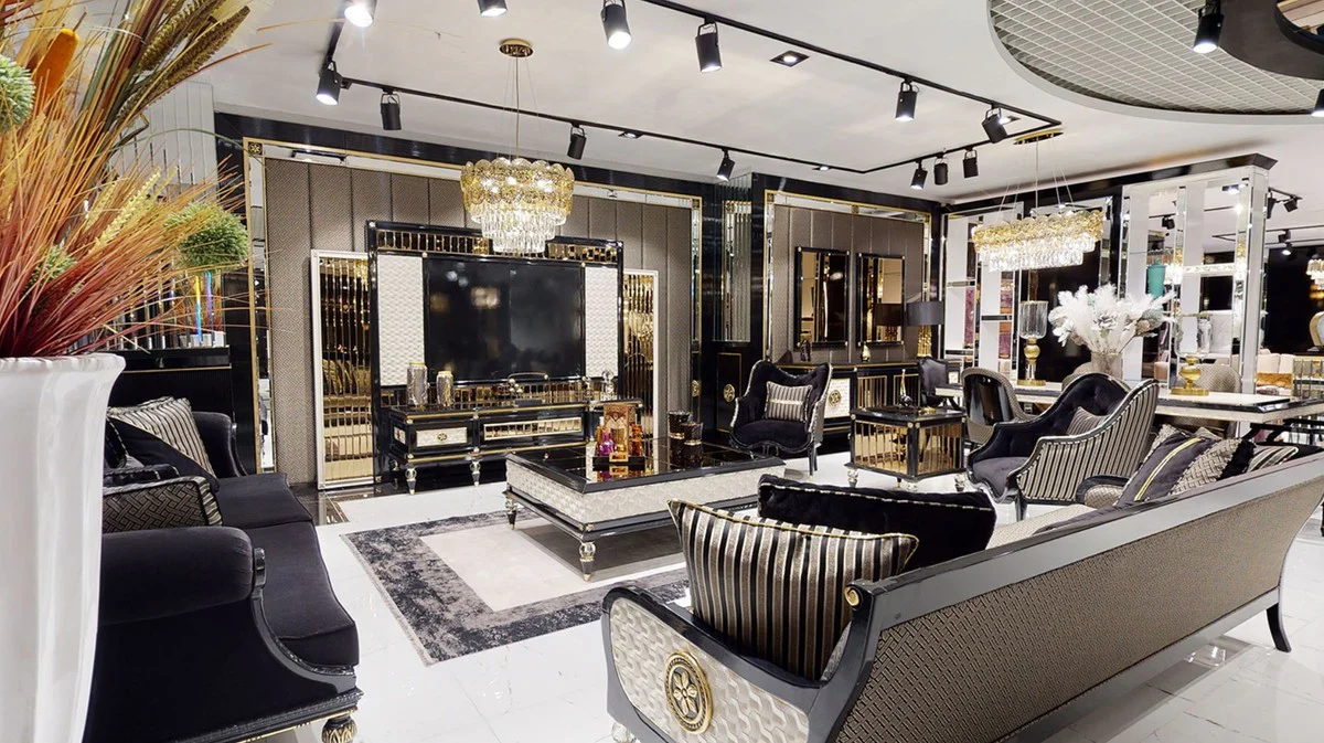 Casa Padrino mesa de centro Art Deco de lujo negro / crema / oro - Magn¨ªfica mesa de sal¨®n de madera maciza - Muebles de Sal¨®n Art Deco de Lujo