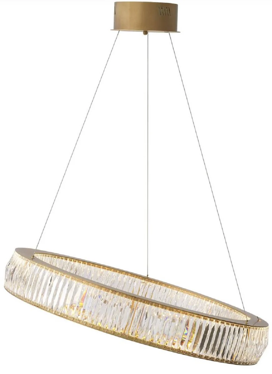 Casa Padrino lámpara de araña LED de lujo latón antiguo Ø 91 x A. 13-200 cm - Lámpara de araña de salón redonda con cristal - Calidad de Lujo