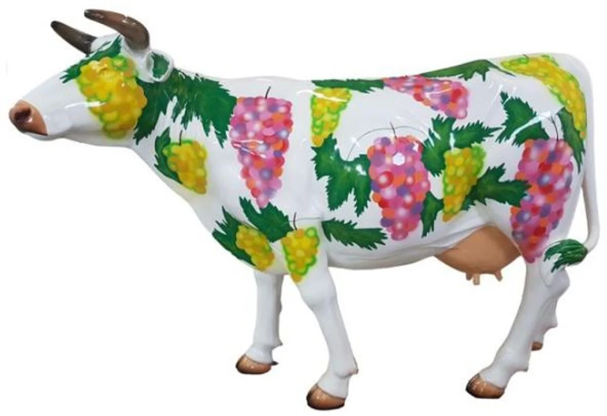 Casa Padrino escultura de jardín de diseño vaca con diseño de uva blanco / multicolor 210 x 55 x A. 147 cm - Figura decorativa enorme resistente a la intemperie - Figura animal de tamaño natural