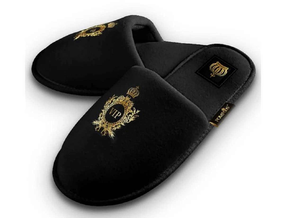 Pomp??s by Casa Padrino Zapatillas de Hotel VIP para Mujer de Lujo con Corona Negro / Oro - Dise?adas por Harald Gl??ckler