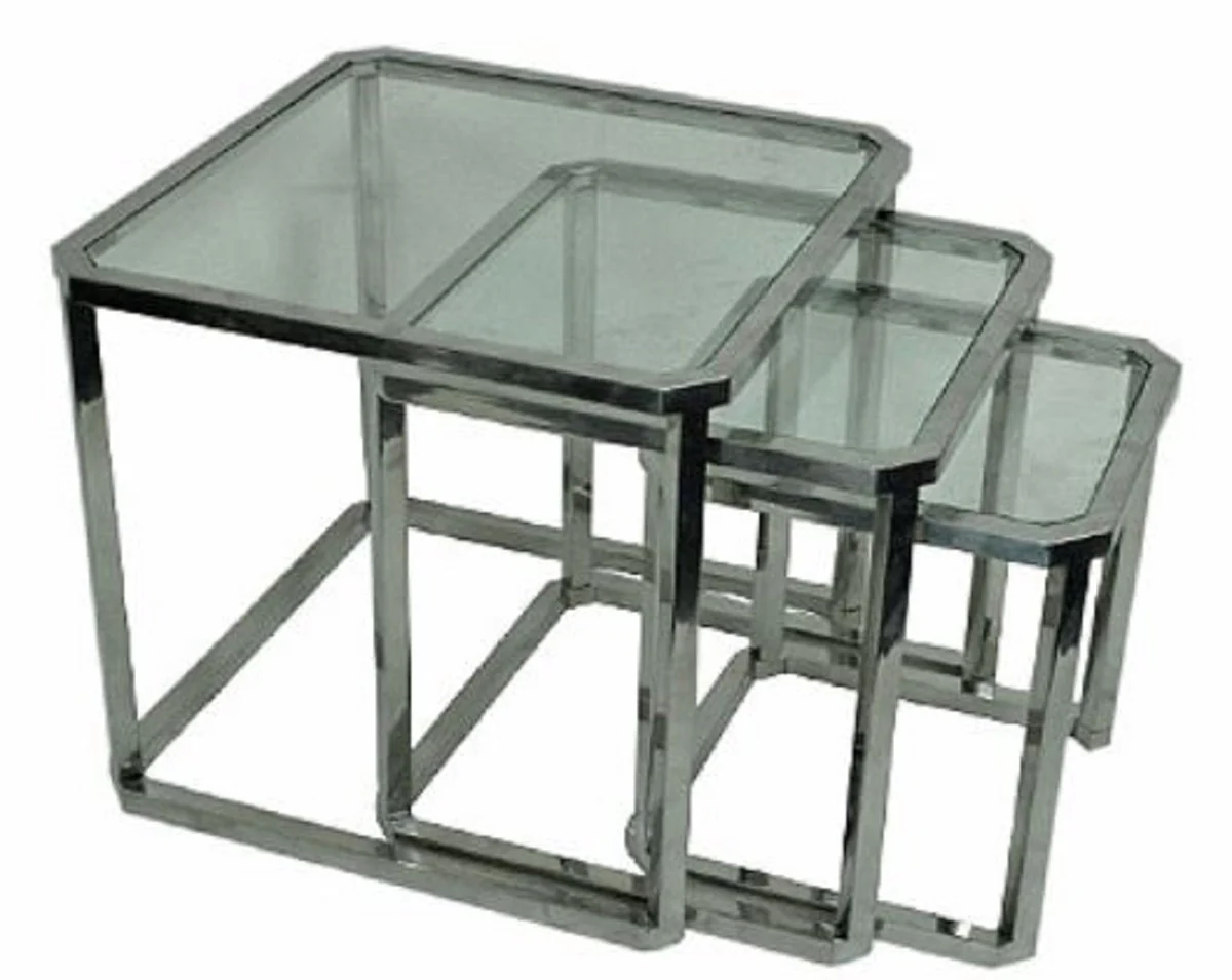 Casa Padrino conjunto de mesa auxiliar de lujo plata 60 x 60 x H. 55 cm - Mesitas de Acero con Tapa de Vidrio