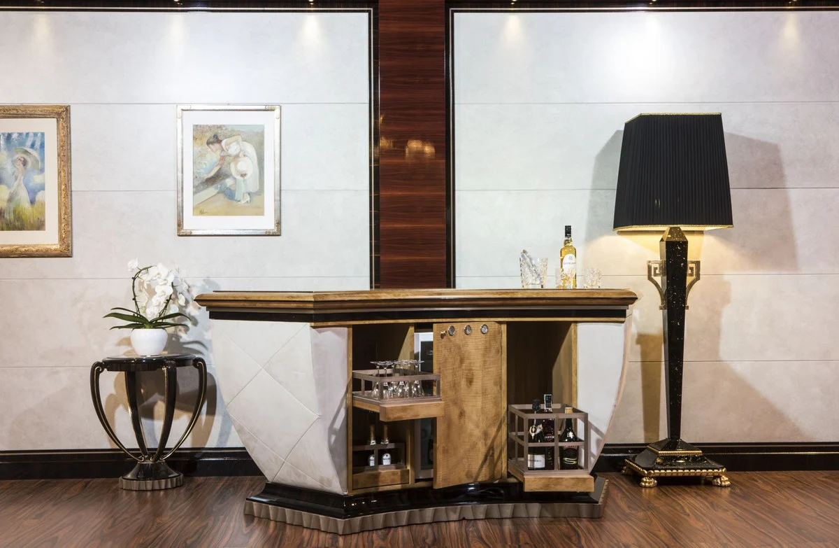 Casa Padrino Barra de Bar de Lujo con Refrigerador Blanco / Natural / Marr¨®n Oscuro / Gris 225 x 102 x A. 98 cm - Mesa de Bar Hecha a Mano - Bar en Casa - Muebles de Hotel - Hecho en Italia