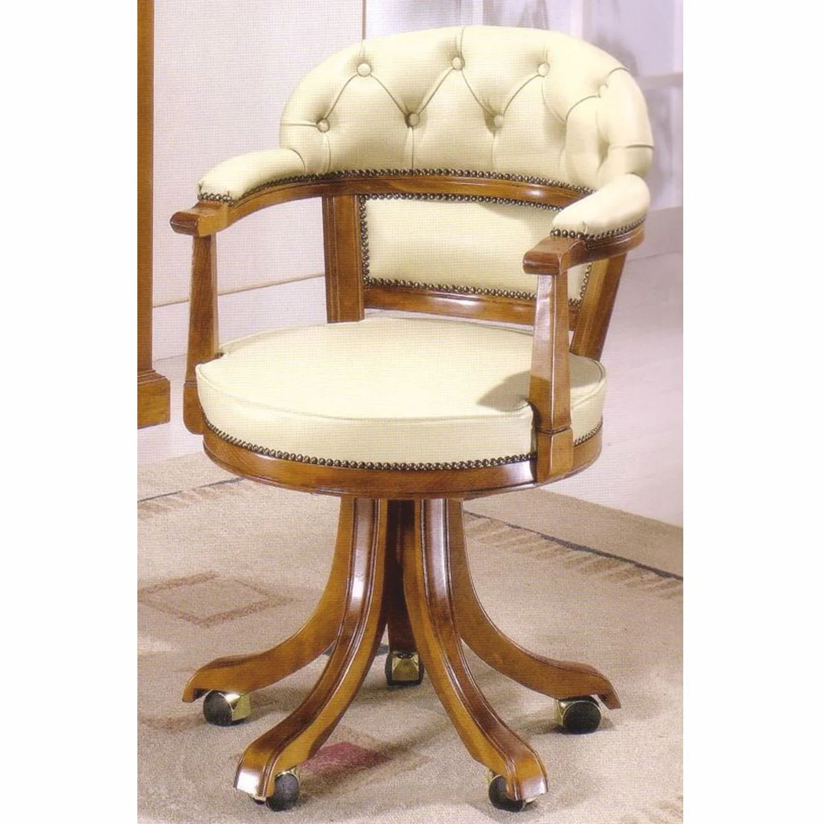 Casa Padrino Silla de oficina Art Nouveau de lujo crema / marr¨®n 62 x 59 x A. 94 cm - Silla de escritorio noble con cuero aut¨¦ntico - Mobiliario de Oficina Barroco y Art Nouveau - Hecho en Italia