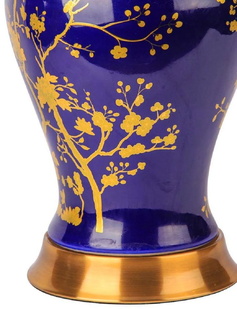 Casa Padrino lámpara de mesa de cerámica de lujo azul / oro / blanco Ø 42 x A. 62 cm - Lámpara de escritorio redonda de cerámica con pantalla - Luces de cerámica de lujo