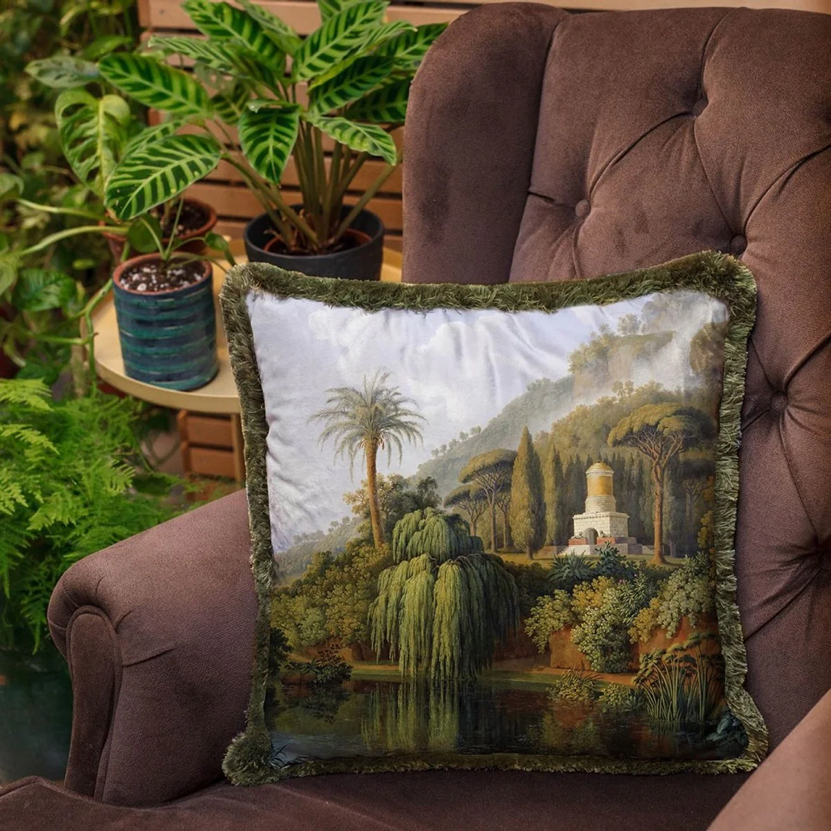 Casa Padrino cojín decorativa de lujo paisaje multicolor / verde 45 x 45 cm - Almohada de terciopelo estampado con flecos - Accesorios decorativos de lujo