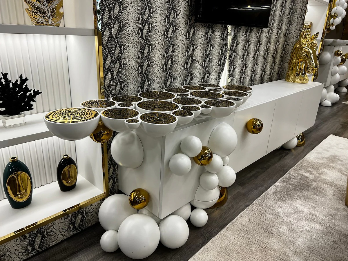 Casa Padrino gabinete de TV de dise?o de lujo blanco / oro 250 x 35 x A. 60 cm - Aparador de madera maciza con 4 puertas - Muebles de lujo - Muebles de hotel - Muebles de dise?o