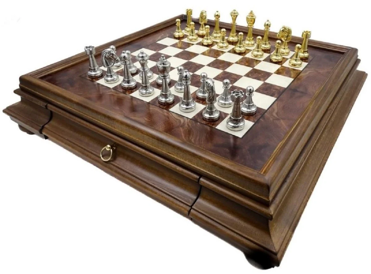 Casa Padrino conjunto de ajedrez de lujo marr¨®n / blanco / plata / oro 53 x 53 x A. 9,5 cm - Ajedrez de madera - Tablero de ajedrez de madera con piezas de metal hechas a mano