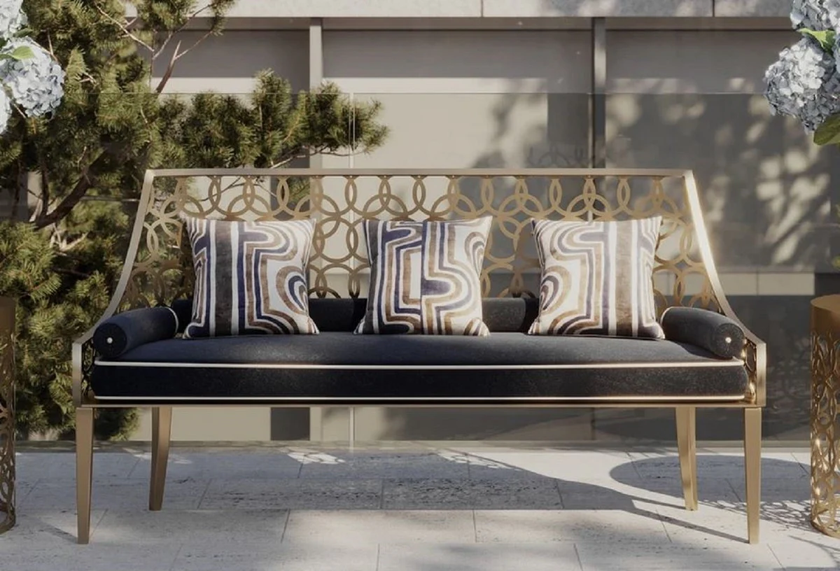 Casa Padrino banco de lujo gris / blanco / oro 150 x 50 x A. 89 cm - Banco hecho a mano con almohadas - Banco de Jardín y Terraza - Muebles de Hotel - Calidad de Lujo