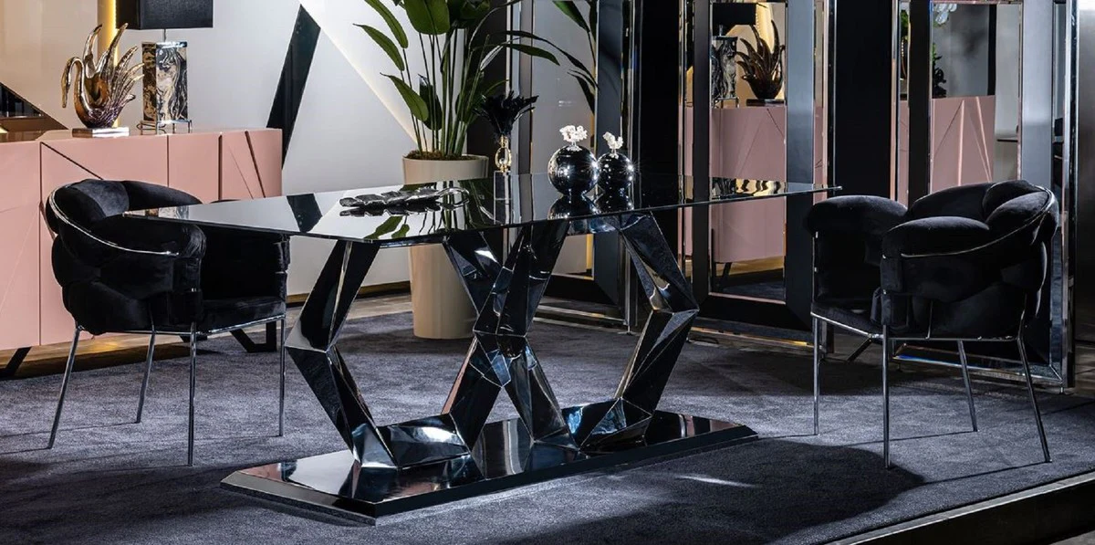 Casa Padrino Conjunto de Muebles de Comedor de Dise?o de Lujo Negro / Plata - 1 Mesa de Comedor de Vidrio de Lujo y 6 Sillas de Comedor de Lujo - Muebles de Comedor - Muebles de Lujo