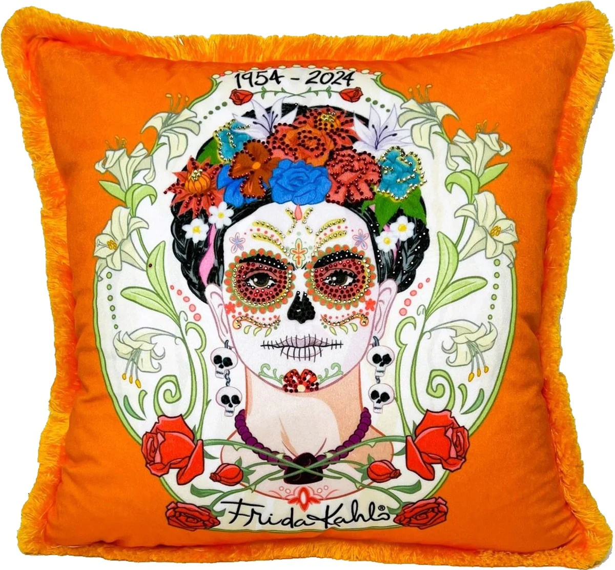 Frida Kahlo de Casa Padrino cojín decorativo de lujo con pedrería naranja / colorido