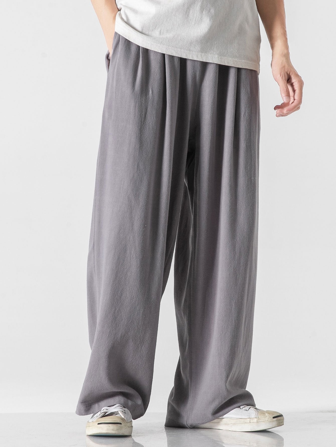 Linen And Cotton Blend Relax Fit Wide Leg Pants