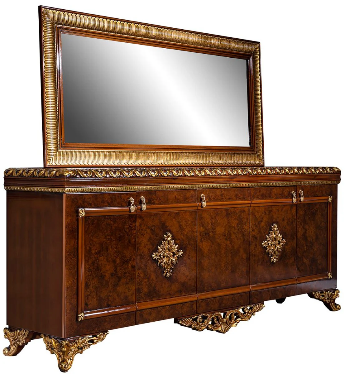 Casa Padrino conjunto de muebles barrocos de lujo aparador con espejo marrón / bronce / oro - Noble mueble de madera maciza con elegante espejo de pared - Muebles de estilo barroco