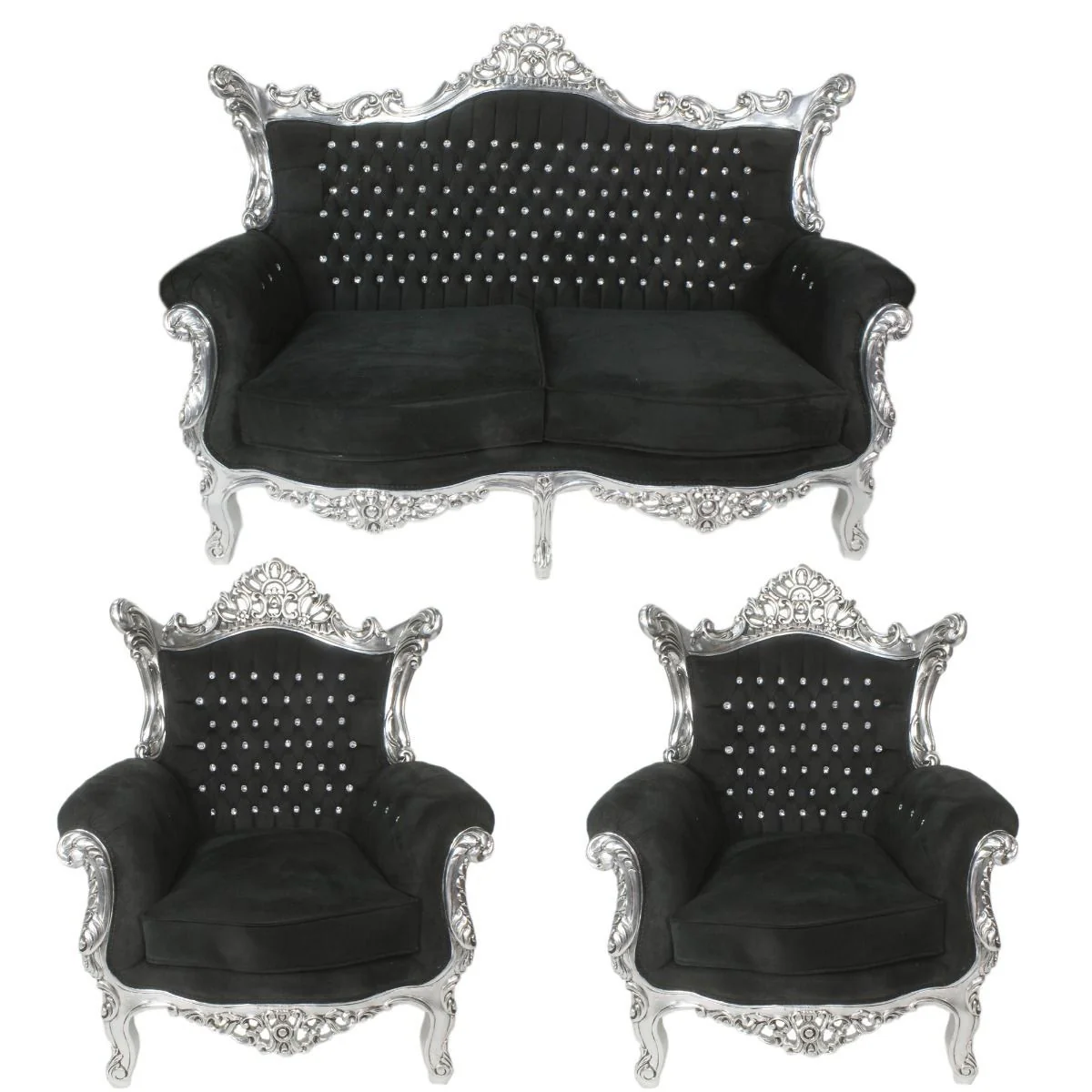 Juego de sala barroco Casa Padrino negro / plateado con diamantes de imitaci¨®n bling bling - sof¨¢ 2 plazas + 2 sillones - muebles barrocos
