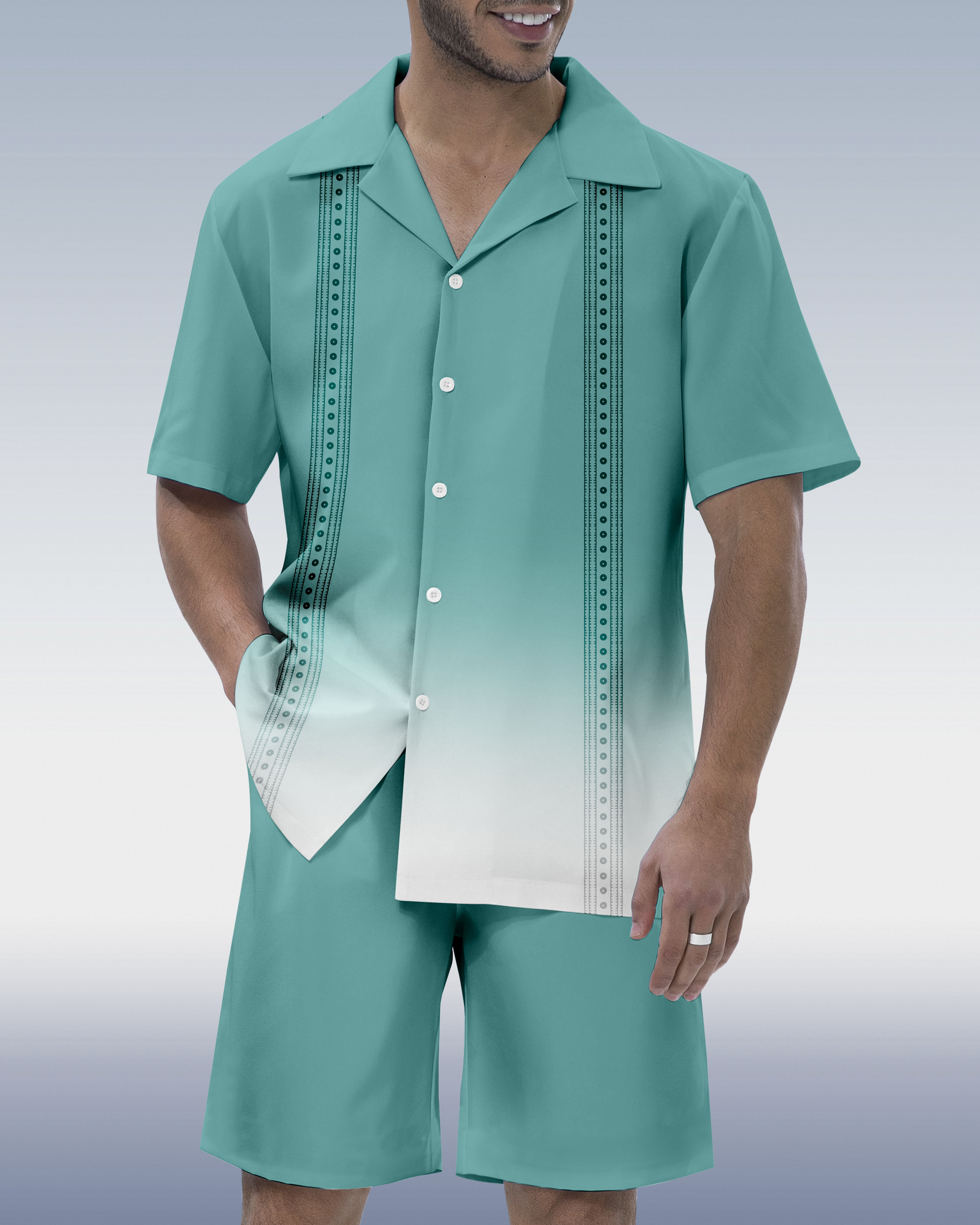 Men's Gradient Race Stripe Print Hawaiian Cuban Collar Short Sleeve Shirt Set