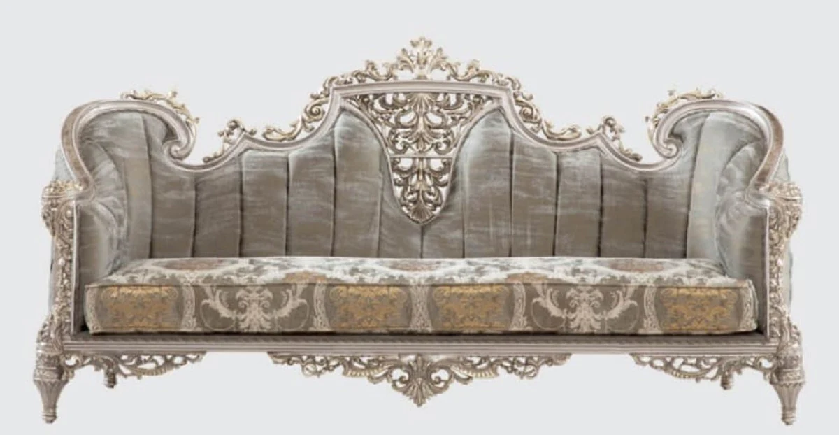 Casa Padrino sof¨¢ barroco de lujo gris / plata / oro 240 x 90 x A. 120 cm - Magn¨ªfico sof¨¢ de sal¨®n con patr¨®n elegante - Muebles de estilo barroco