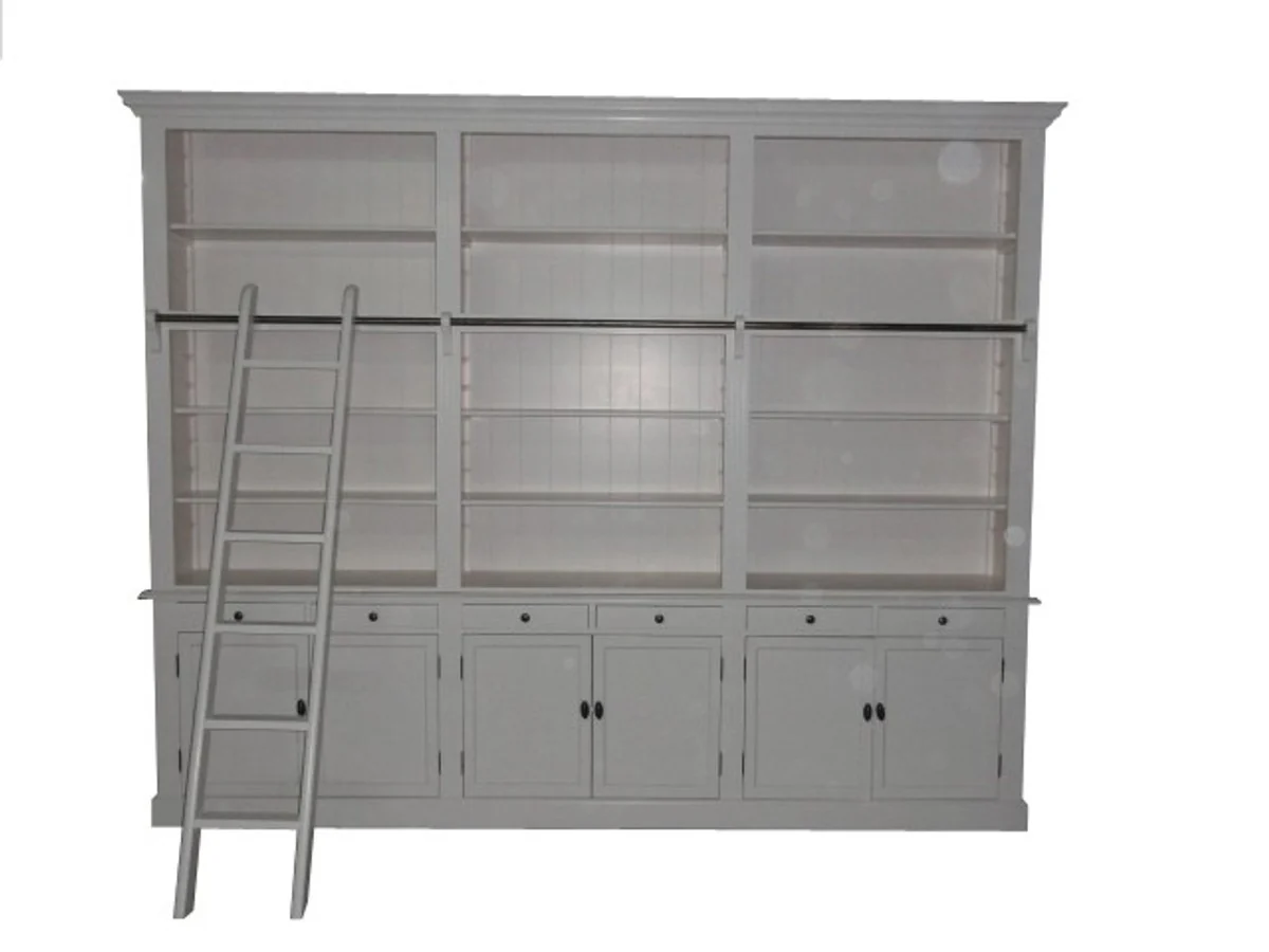 Bookcase in country style (B 300 x D 36 x H 240) with ladder (H 300 cm) white antique look - shabby-chic shelf, bookcase
