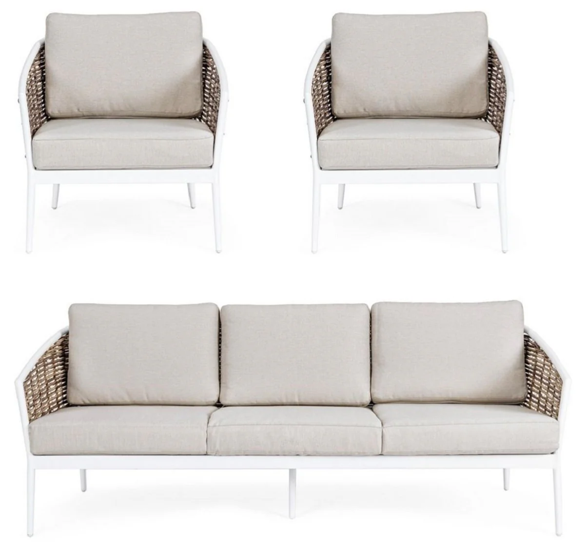 Casa Padrino conjunto de muebles de jard¨ªn de lujo gris / blanco / marr¨®n - 1 Sof¨¢ de Jard¨ªn y 2 Sillones de Jard¨ªn - Muebles de jard¨ªn - Muebles de piscina - Muebles de exterior - Muebles de lujo