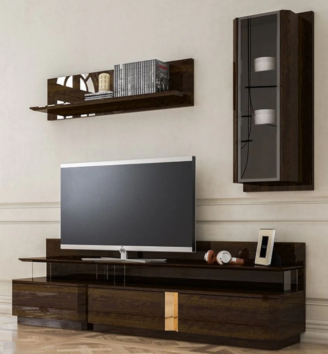 Casa Padrino conjunto de gabinete de TV para sala de estar de lujo marr¨®n / gris / oro - 1 Gabinete de TV y 1 Gabinete de Pared y 1 Estante de Pared - Conjunto de muebles - Calidad de Lujo
