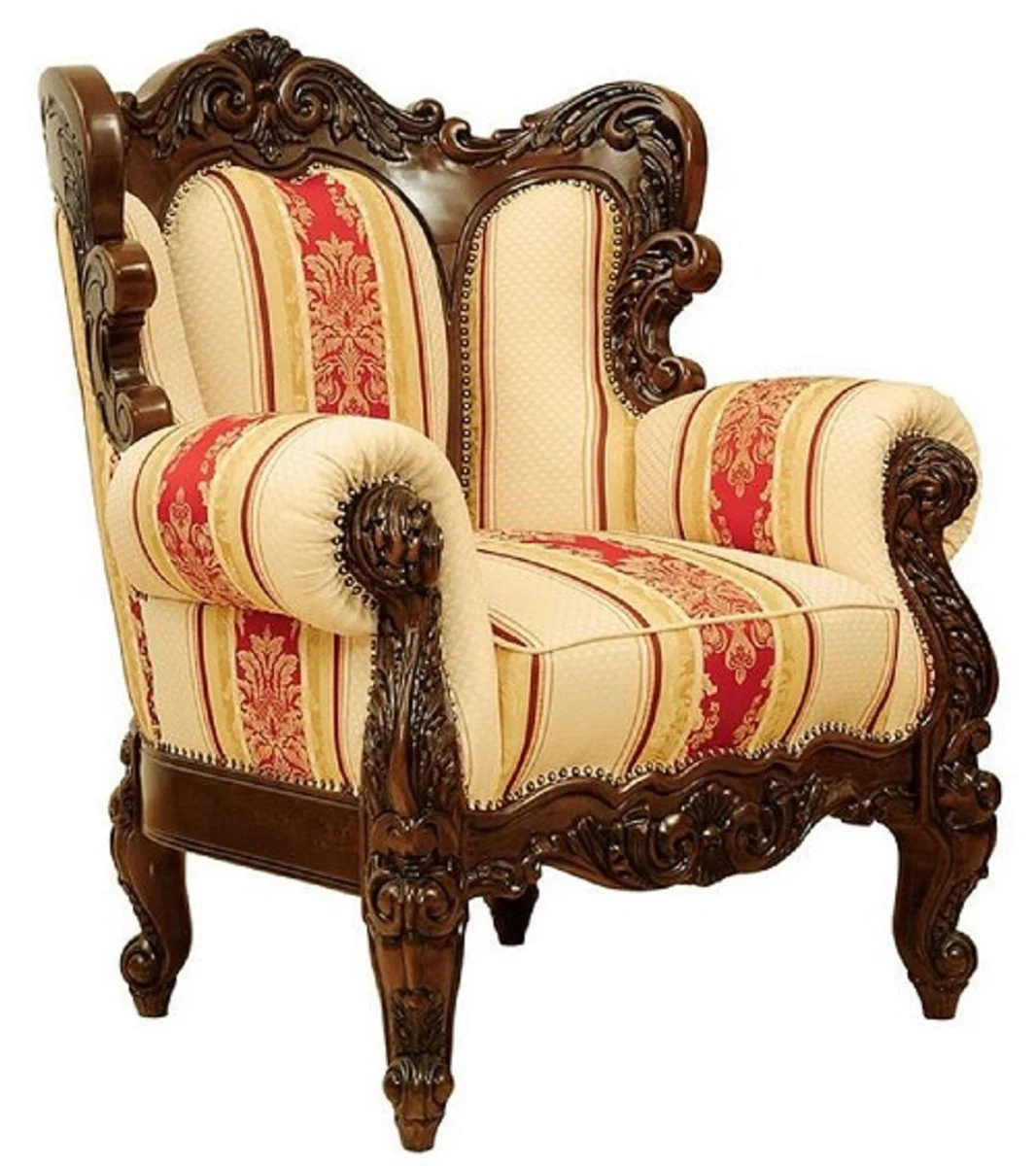 Casa Padrino conjunto de sala de estar barroco de lujo crema / amarillo / rojo / marr¨®n oscuro - 2 Sof¨¢s y 2 Sillones y 1 Mesa de Centro - Muebles de sal¨®n hechos a mano estilo barroco