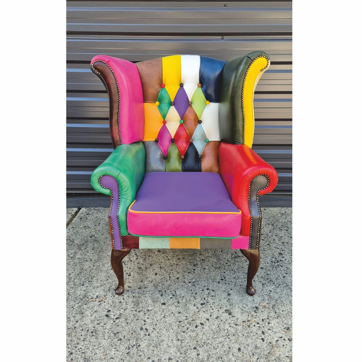 Casa Padrino sill¨®n orejero Chesterfield de lujo colorido / marr¨®n oscuro - Muebles de cuero genuino patchwork