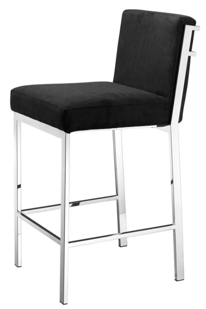 Casa Padrino taburete de bar de lujo negro / plata 43 x 54 x H. 91 cm - Silla de Bar de Diseño de Acero Inoxidable con Tejido de Terciopelo - Mueble Bar