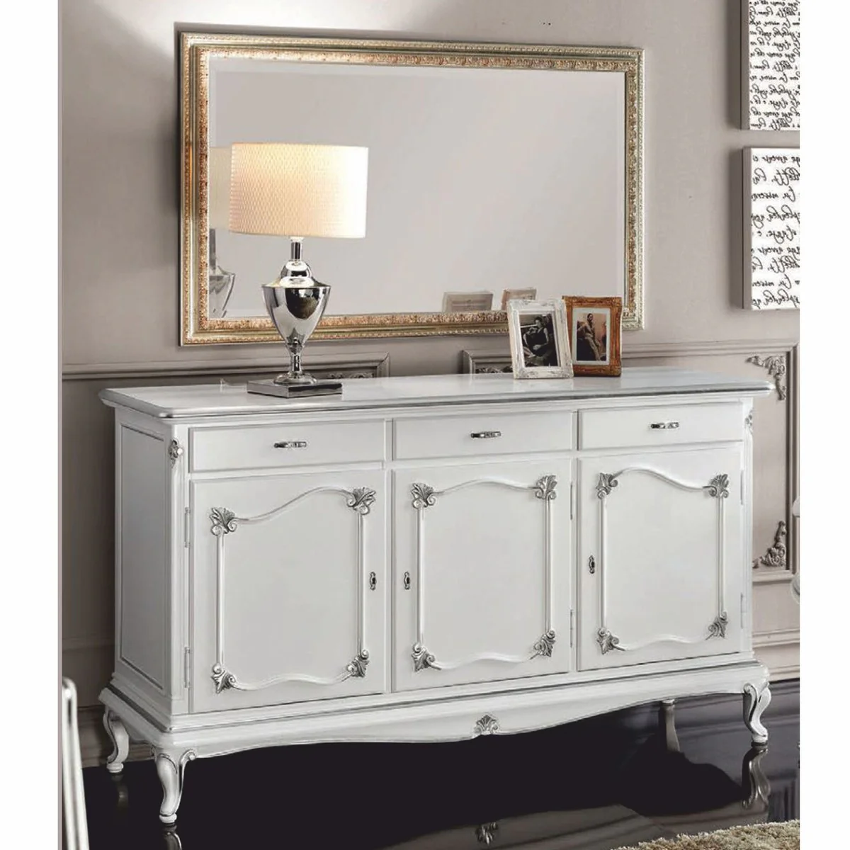 Casa Padrino Aparador Barroco de Lujo Blanco / Plata 180 cm - Muebles Barrocos - Hecho en Italia