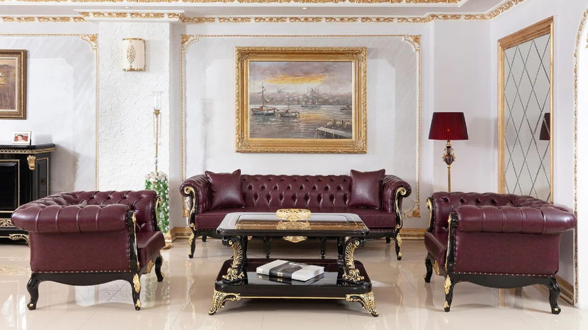 Casa Padrino sill¨®n de cuero Chesterfield barroco de lujo rojo burdeos / negro / oro - Magn¨ªfico sill¨®n de sal¨®n de cuero genuino - Muebles de sal¨®n de lujo en estilo barroco - Muebles barroco