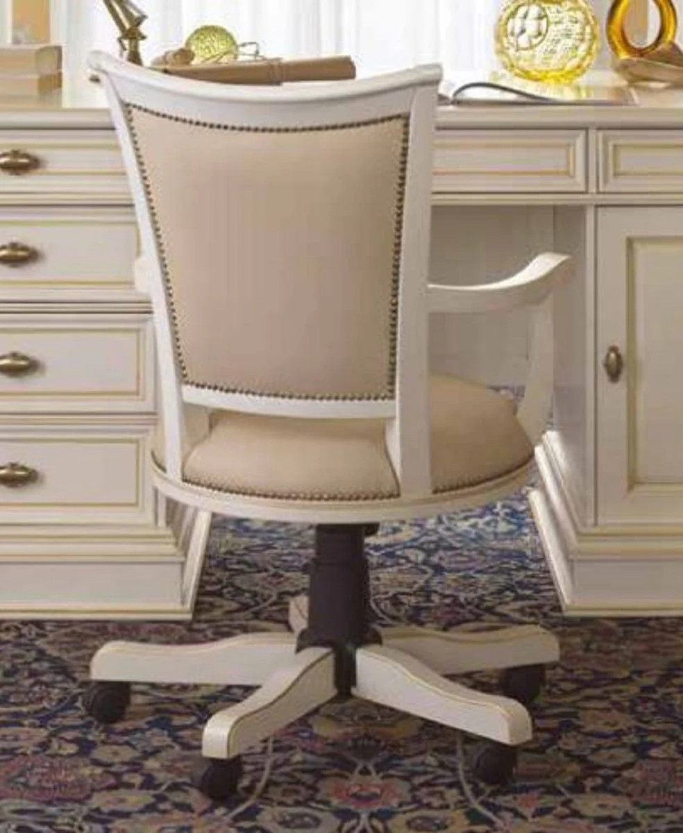 Casa Padrino silla de oficina de lujo beige / crema antiguo / negro - Silla de escritorio ajustable en altura - Silla giratoria con cuero artificial - Muebles oficina de lujo - Hecho en Italia