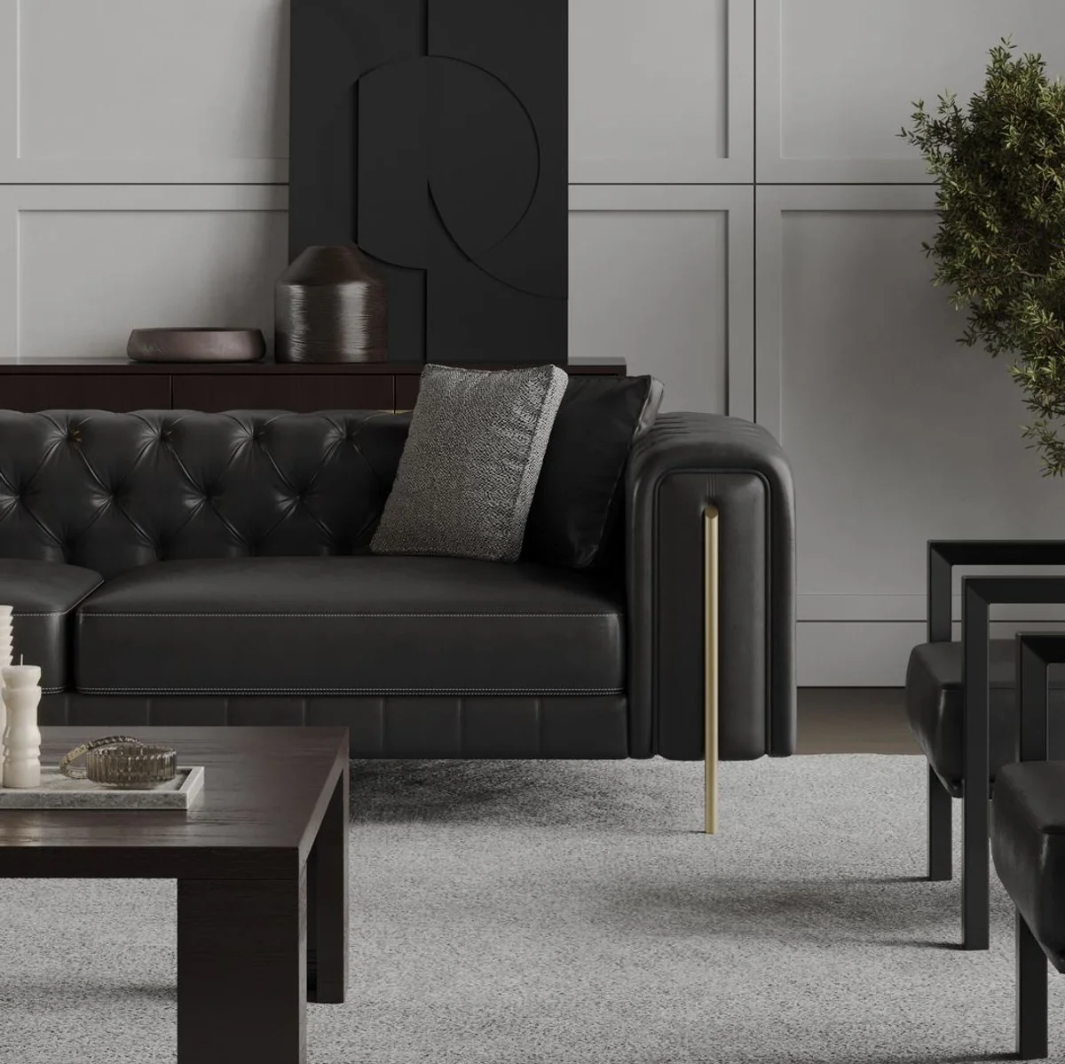 Casa Padrino sof¨¢ Chesterfield de lujo en cuero artificial negro / lat¨®n 262 cm - Muebles de lujo