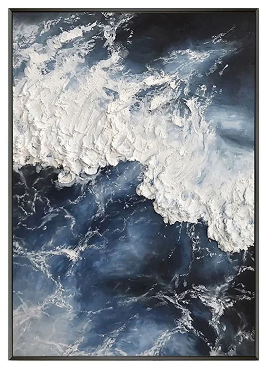 Casa Padrino Pintura al Óleo de Diseño de Lujo Azul / Blanco / Negro 120 x 9 x A. 160 cm - Pintura Pintada a Mano con Marco de Metal - Decoración de Pared de Lujo - Accesorios Decorativos