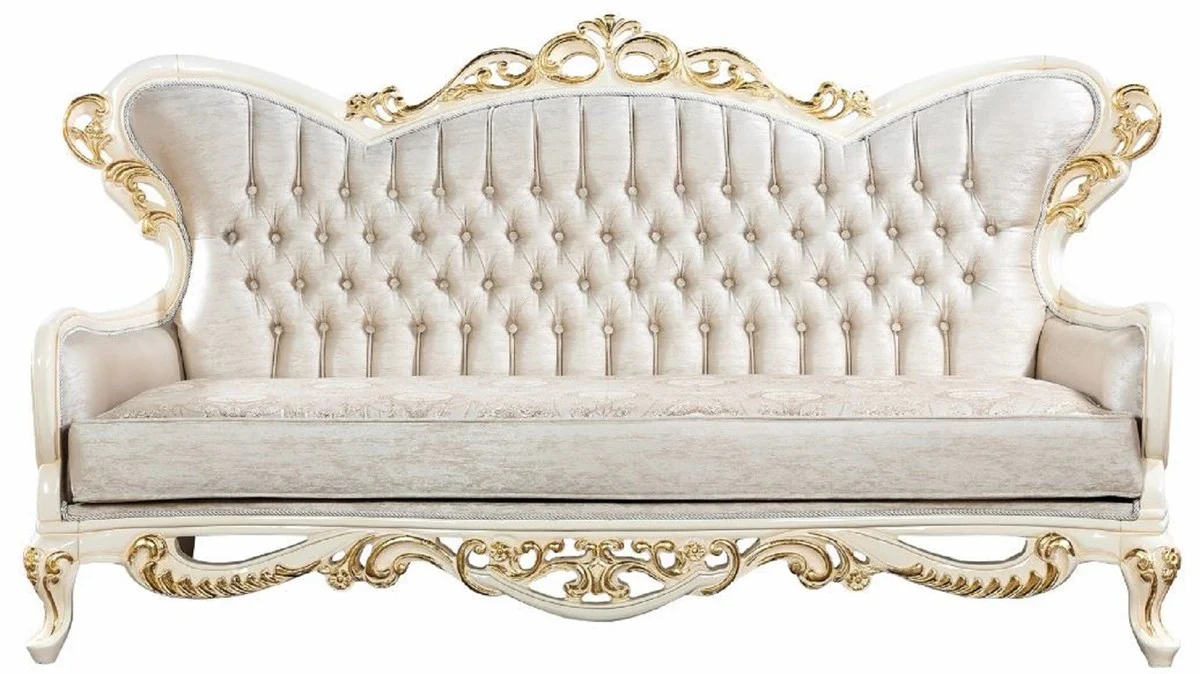Casa Padrino sof¨¢ barroco de lujo plata / blanco / oro - Sof¨¢ de sal¨®n de estilo barroco hecho a mano con patr¨®n elegante - Magn¨ªficos muebles de sal¨®n barrocos