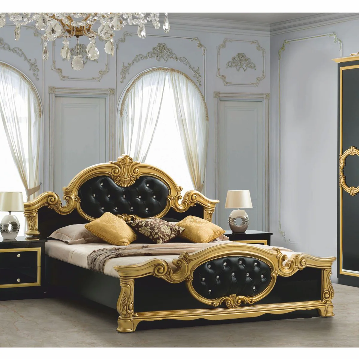 Casa Padrino cama doble barroco de lujo con pedrer¨ªa negro / oro - Muebles de dormitorio