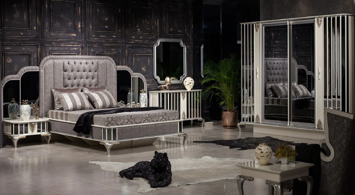 Casa Padrino armario de dormitorio barroco de lujo blanco / gris / plata - Armario de madera maciza con espejo en estilo barroco - Muebles de dormitorio barrocos - Noble y Magn¨ªfico