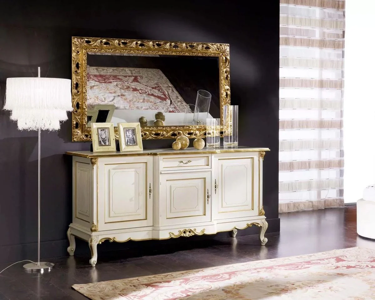 Casa Padrino aparador barroco de lujo blanco / oro - Armario de madera maciza hecho a mano con 3 puertas y cajón - Muebles de lujo en estilo barroco - Calidad de lujo - Hecho en Italia