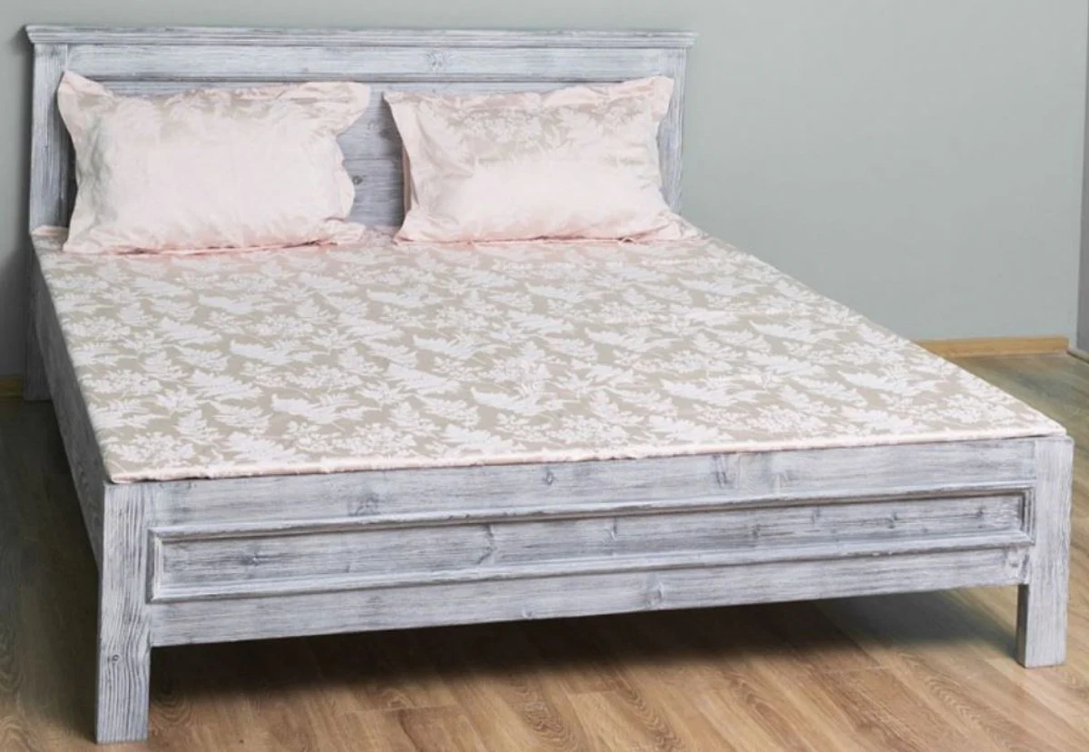 Casa Padrino cama de madera maciza de estilo campestre gris antiguo 160 x 200 x A. 93 cm - Cama Doble de Madera Maciza - Muebles de Dormitorio de Estilo Campestre