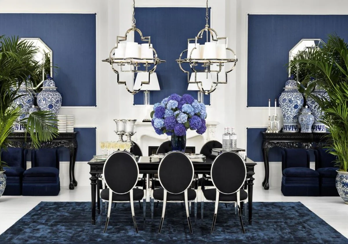 Casa Padrino silla de comedor de lujo con brazos plata / negro 57 x 65 x H. 98 cm - Muebles de Comedor