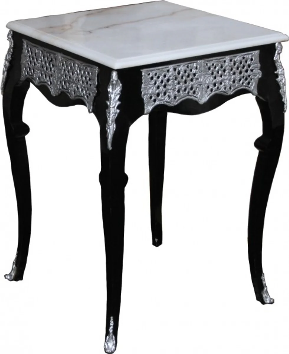 Casa Padrino Baroque side table with marble top height 80 cm, width 55 cm, Black / White / Silver - Antique style