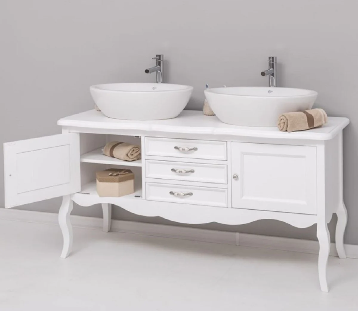 Casa Padrino armario de lavabo doble de madera maciza de estilo campestre blanco 150 cm - Muebles de baño de estilo campestre