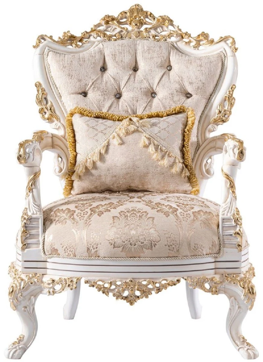 Casa Padrino sill¨®n barroco de lujo beige / blanco / oro - Magn¨ªfico sill¨®n de sal¨®n con pedrer¨ªa - Muebles de sal¨®n de estilo barroco - Muebles de lujo de estilo barroco - Noble y Magn¨ªfico