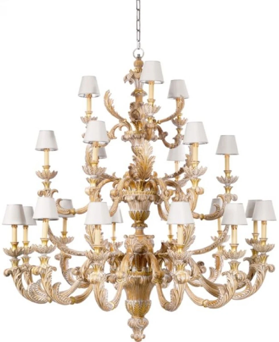 Casa Padrino ara?a de luces barroco de lujo natural / blanco / gris / plata ? 150 x A. 164 cm - L¨¢mpara de ara?a de madera maciza estilo barroco tallada a mano - Calidad de lujo - Hecho en Italia